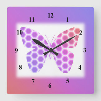Horloge Carrée Coloré Peach rose violet orné de papillon géométri