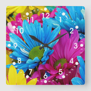 Horloge Carrée Colorée Rose Turquoise Bleu  Gerber Fleurs