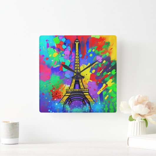 Horloge Carrée Colorful Eiffel painting (Maison)