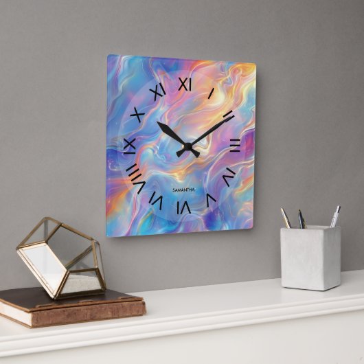 Horloge Carrée Colorful opal swirly flowing marble texture (Bureau)