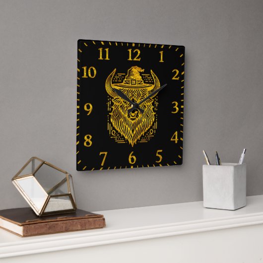 Horloge Carrée Conception complexe d'un bison avec un Casquette (Bureau)