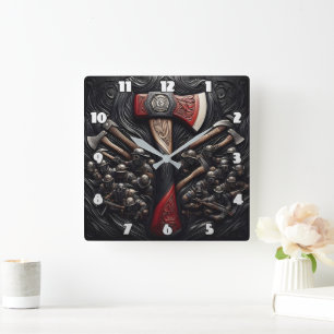 Horloge Carrée Conception complexe d'un x de pompier avec hommage