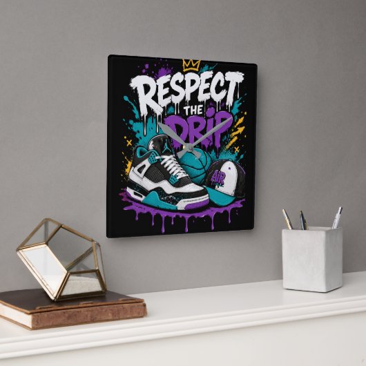 Horloge Carrée Conception de basketball Respect The Drip (Bureau)