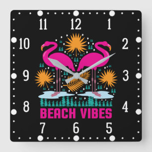 Horloge Carrée Conception de flamants roses de vibes de plage