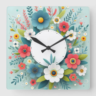 Horloge Carrée conception de fleurs