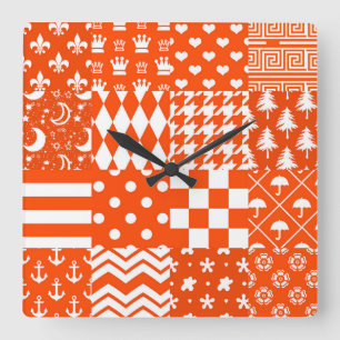Horloge Carrée Conception de Patchwork Motif mixte orange blanc