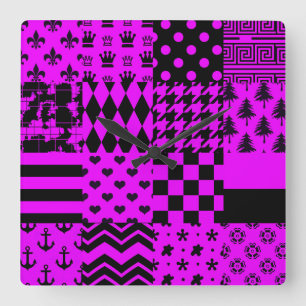 Horloge Carrée Conception de Patchwork Motifs mélangés violet noi