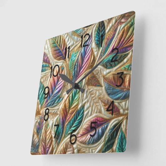 Horloge Carrée Conception Feuille Iridescente Quilée (Angle)