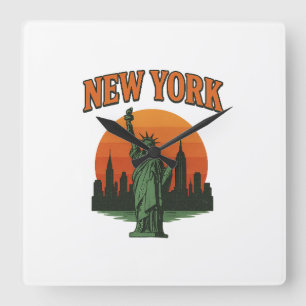 Horloge Carrée Conception Graphique Vintage de New York – Statue 
