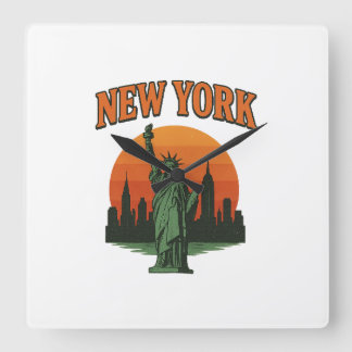 Horloge Carrée Conception Graphique Vintage de New York – Statue