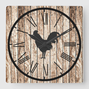 Horloge Carrée Conception rustique de coq d'une ferme à l'aspect 