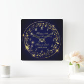 Horloge Carrée Confettis brillants dorés, Bleu 50e anniversaire d (Maison)