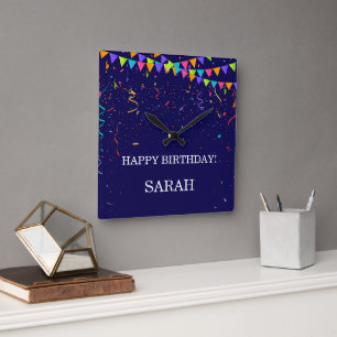 Horloge Carrée Confettis de fête colorés et cadeau joyeux anniver