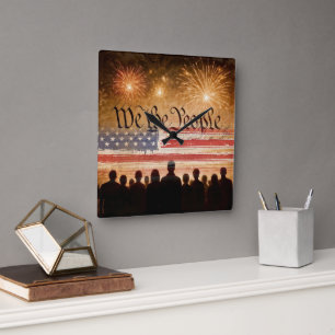 Horloge Carrée Constitution des États-Unis avec drapeau et feux d