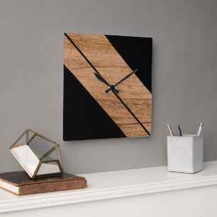 Horloge Carrée Contemporain Bandes de Bloc sur Bois Faux