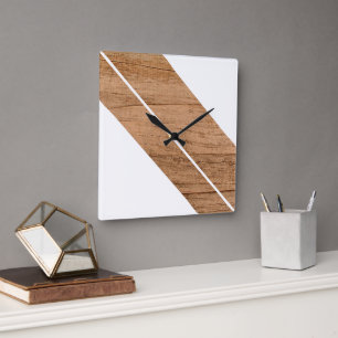 Horloge Carrée Contemporain Bandes en Bloc sur Bois Faux