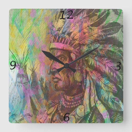 Horloge Carrée Cool antique native amérindienne couleur clipart (Recto)