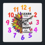 Horloge Carrée Cool Apprenez De Hier Citation Rainbow Sunflower<br><div class="desc">Un magnifique arc-en-ciel et tournesol empreinte de léopard moderne et élégant, avec des papillons et des coeurs vie stimulant citations motivationnelles sur l'horloge blanche. C'est un beau et mignon cadeau unique pour elle qui aime les fleurs colorées avec des citations motivantes. Parfait pour l'anniversaire, le jour de la mère ou...</div>