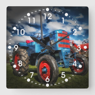 Horloge Carrée Cool Bleu Rouge Tracteur d'antiquités cadeaux pour