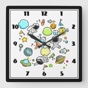 Horloge Carrée Cool Outer Space Astronauts et Rocket Pattern