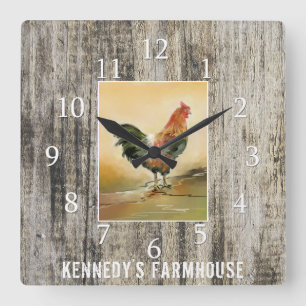 Horloge Carrée Coq de campagne Russe Wood Farmhouse Nom de famill
