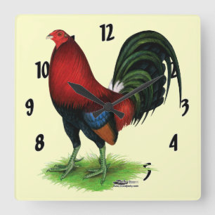 Horloge Carrée Coq de combat :  Rouge foncé