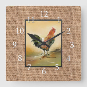 Horloge Carrée Coq de pays sur la toile de jute rustique