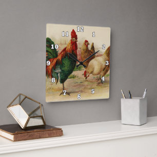 Horloge Carrée Coq vintage et poules décoration murale de campagn