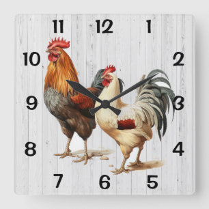 Horloge Carrée Coqs sur fond de bois blanc