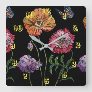 Horloge Carrée Coquelicot rouge orange Poppies Floral Aquarelle N
