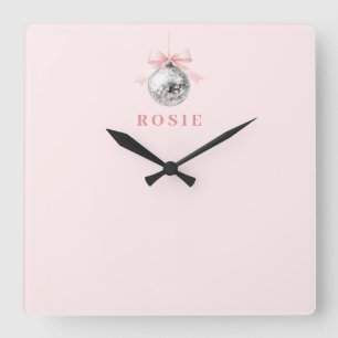 Horloge Carrée Coquette personnalisée Disco Ball rose ruban