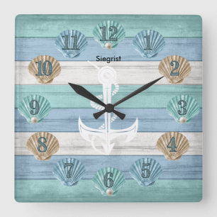 Horloge Carrée Coquillages colorés et Ancre blanche