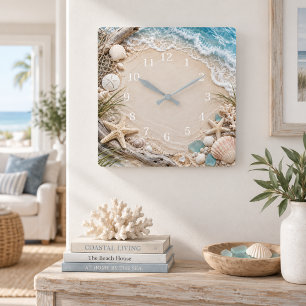 Horloge Carrée Coquillages d'étoiles de mer de plage côtière Océa