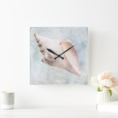 Horloge Carrée Coquillages Perturbés Crème Bleue Côtière Aquarell (Maison)