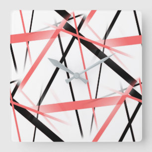 Horloge Carrée Corail croisé et rayures noires sur fond blanc