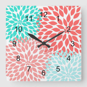 Horloge Carrée Coral Seafoam Teal Dahlia home decor wall clock