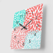 Horloge Carrée Coral Seafoam Teal Dahlia home decor wall clock (Angle)