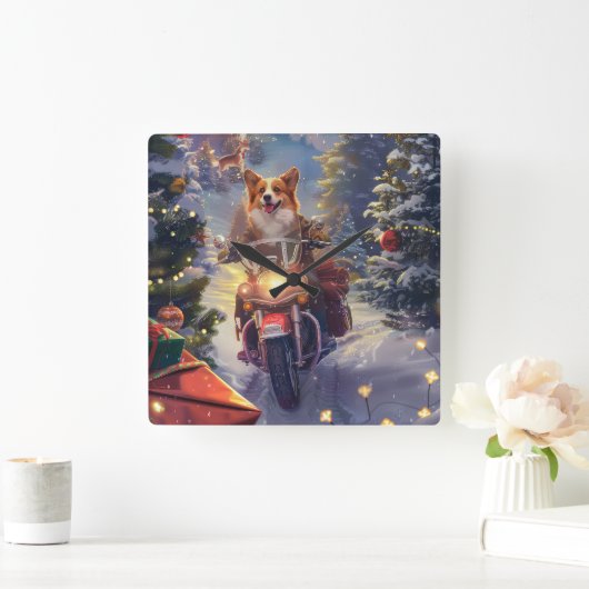 Horloge Carrée Corgi Chien équitation Moto Noël (Maison)
