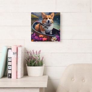 Horloge Carrée Corgi sur une pagaie : Une aventure panoramique