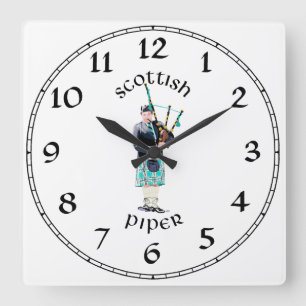 Horloge Carrée Cornemuseuse écossaise - Carreaux Turquoise