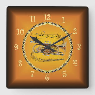 Horloge Carrée Cornet On Musical Scroll & Russet Orange ~