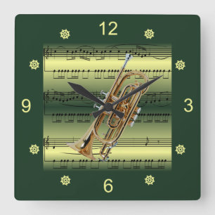 Horloge Carrée Cornet~Partition laminée~Arrière - plan Or/Vert~