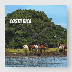 Horloge Carrée Costa Rica - Chevaux au bord de l'eau