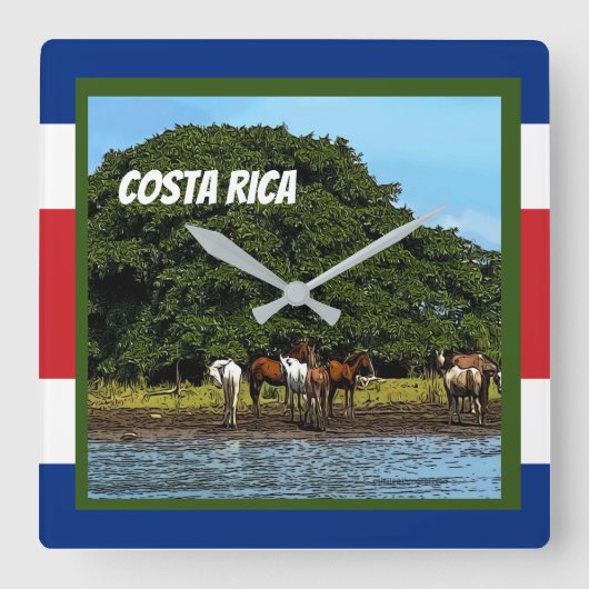 Horloge Carrée Costa Rica - Chevaux au bord de l'eau (Recto)