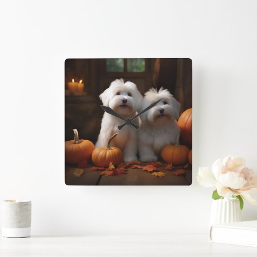 Horloge Carrée Coton De Tulear Chiot Automne Citrouille délice (Maison)