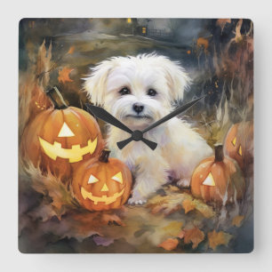 Horloge Carrée Coton De Tulear Halloween Avec Peur Citrouille