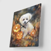 Horloge Carrée Coton De Tulear Halloween Avec Peur Citrouille (Angle)