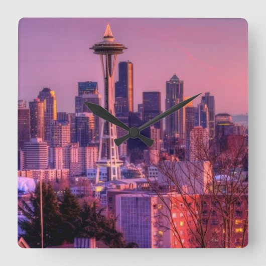 Horloge Carrée Coucher de soleil derrière Seattle depuis Kerry Pa (Recto)