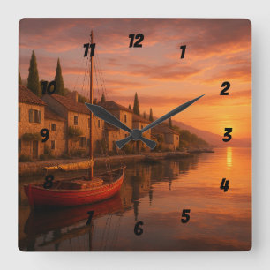 Horloge Carrée Coucher De Soleil Doré Sur Le Village Côtier