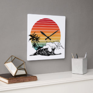 Horloge Carrée Coucher de soleil et vague
